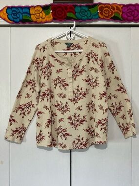 Terra & Sky Cream Henley Top with Red Floral Print
